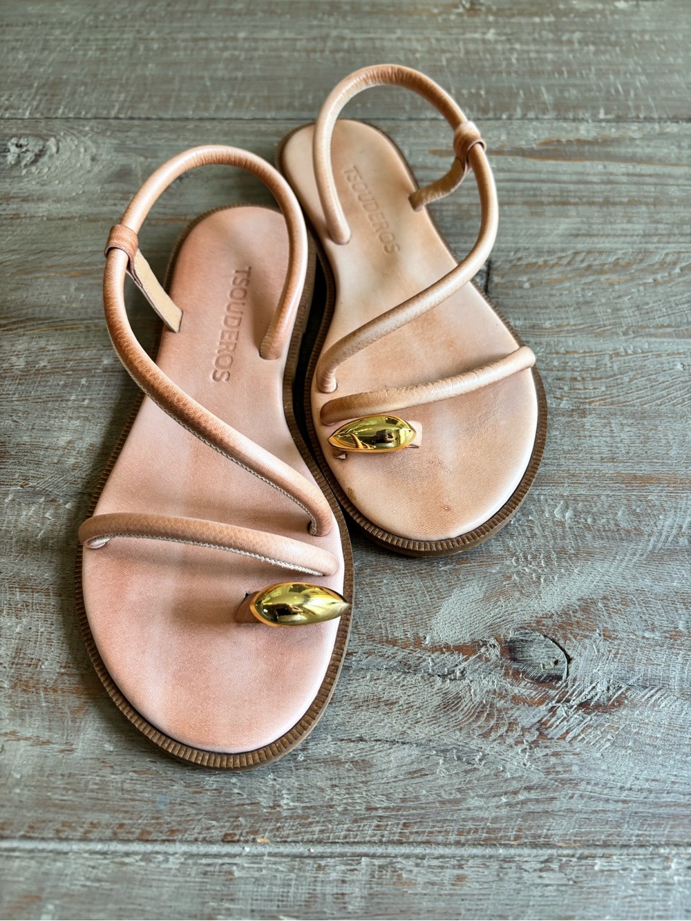 Greek Made Womens Nude Leather Toe-Ring Sandals with Gold Accent